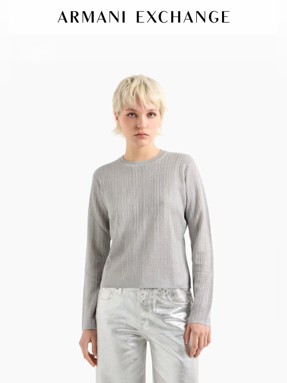 Armani Exchange Lightweight Long-Sleeved Silver Metallic Lurex Sweater size S